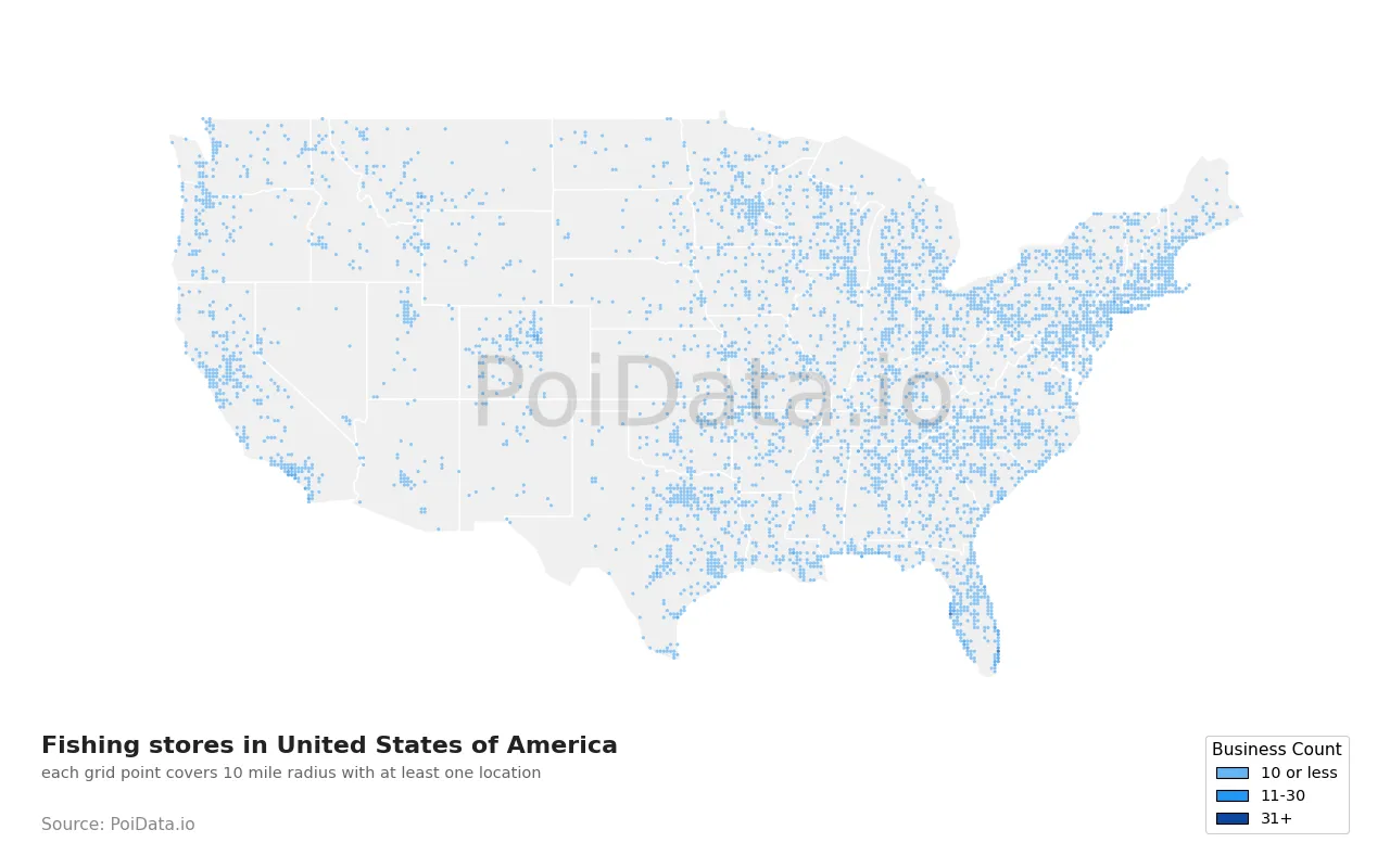 Fishing store density map for United States