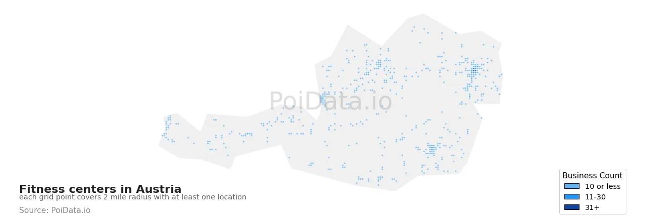Fitness center density map for Austria