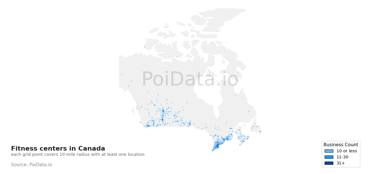 Fitness center density map for Canada