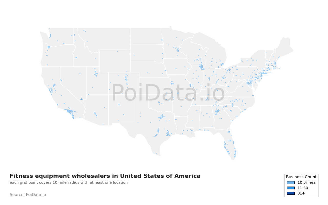 Fitness equipment wholesaler density map for California, United States