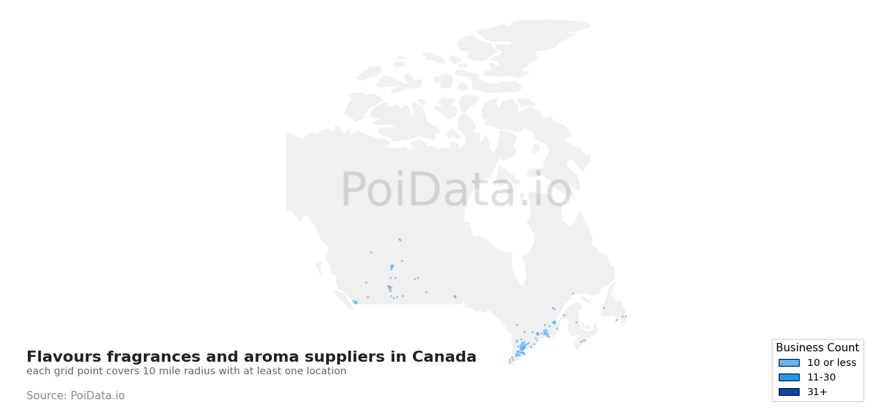 Flavours fragrances and aroma supplier density map for Canada