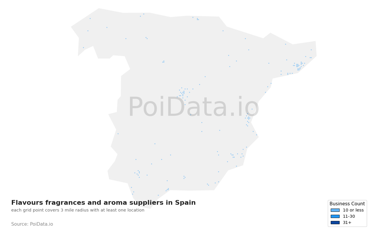 Flavours fragrances and aroma supplier density map for Spain
