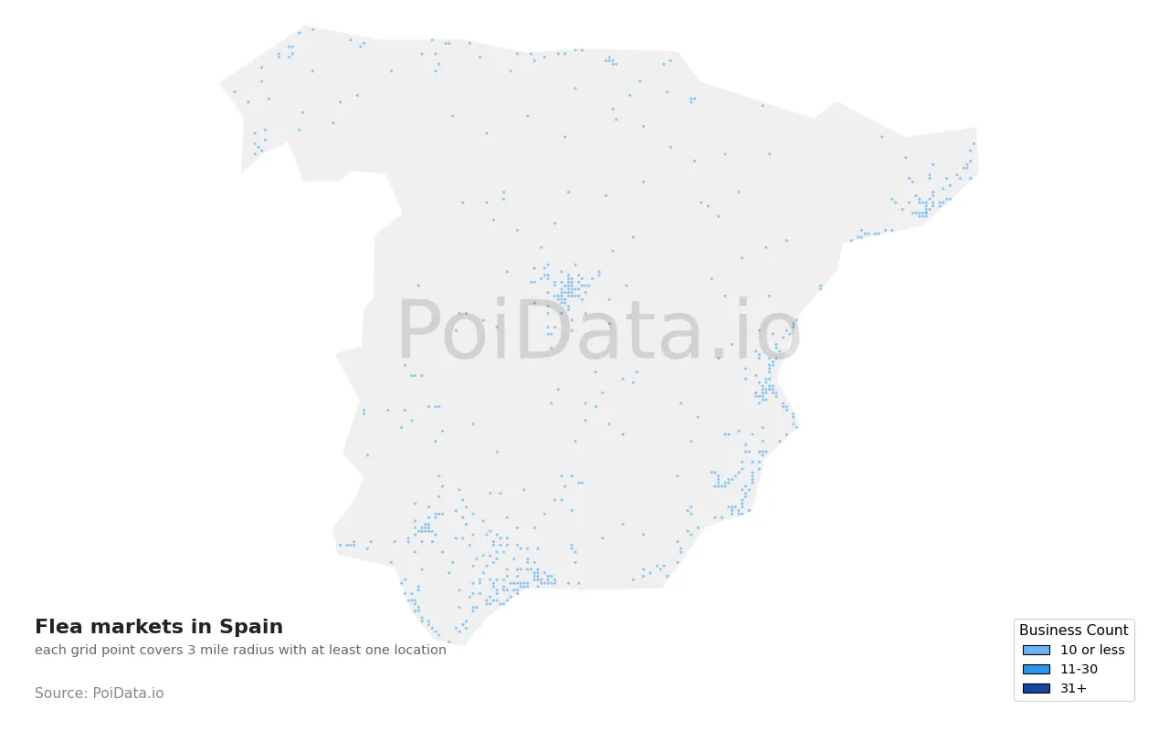 Flea market density map for Spain