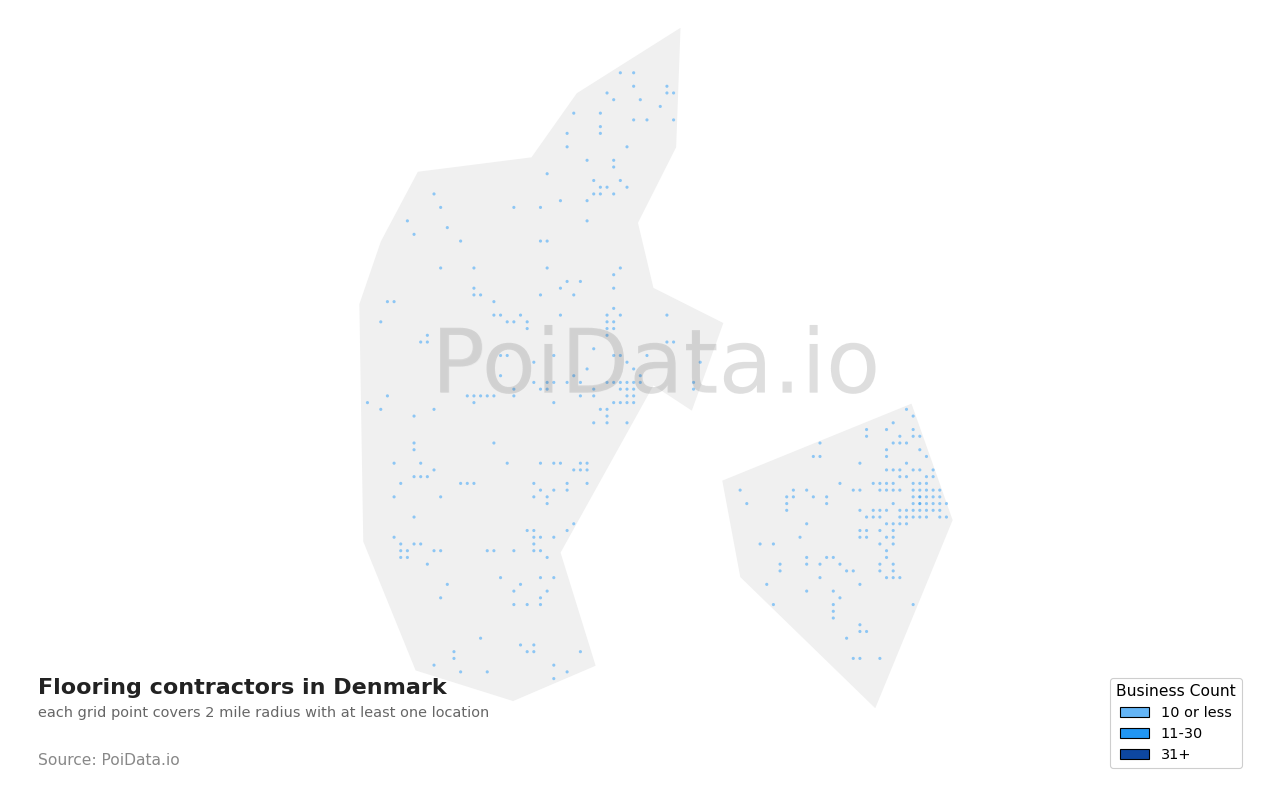 Flooring contractor density map for Denmark