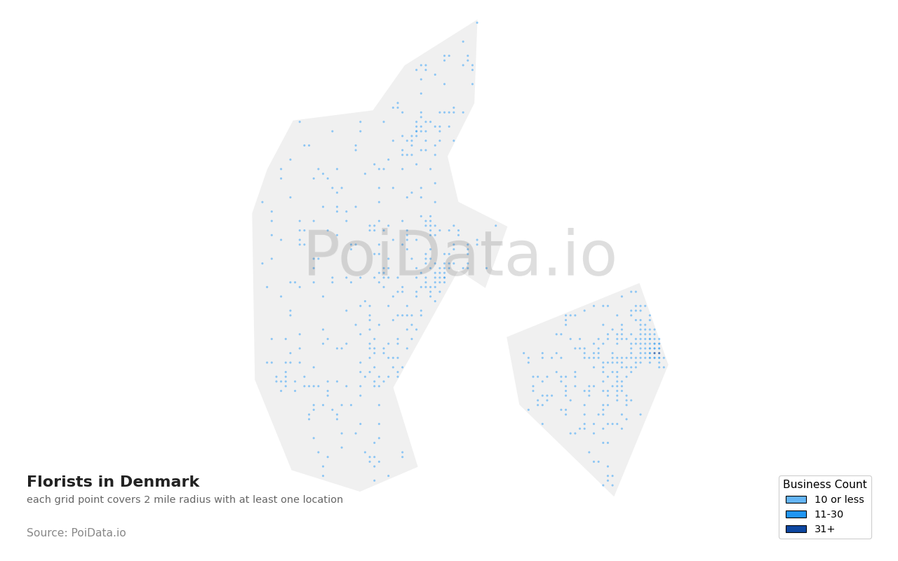 Florist density map for Denmark