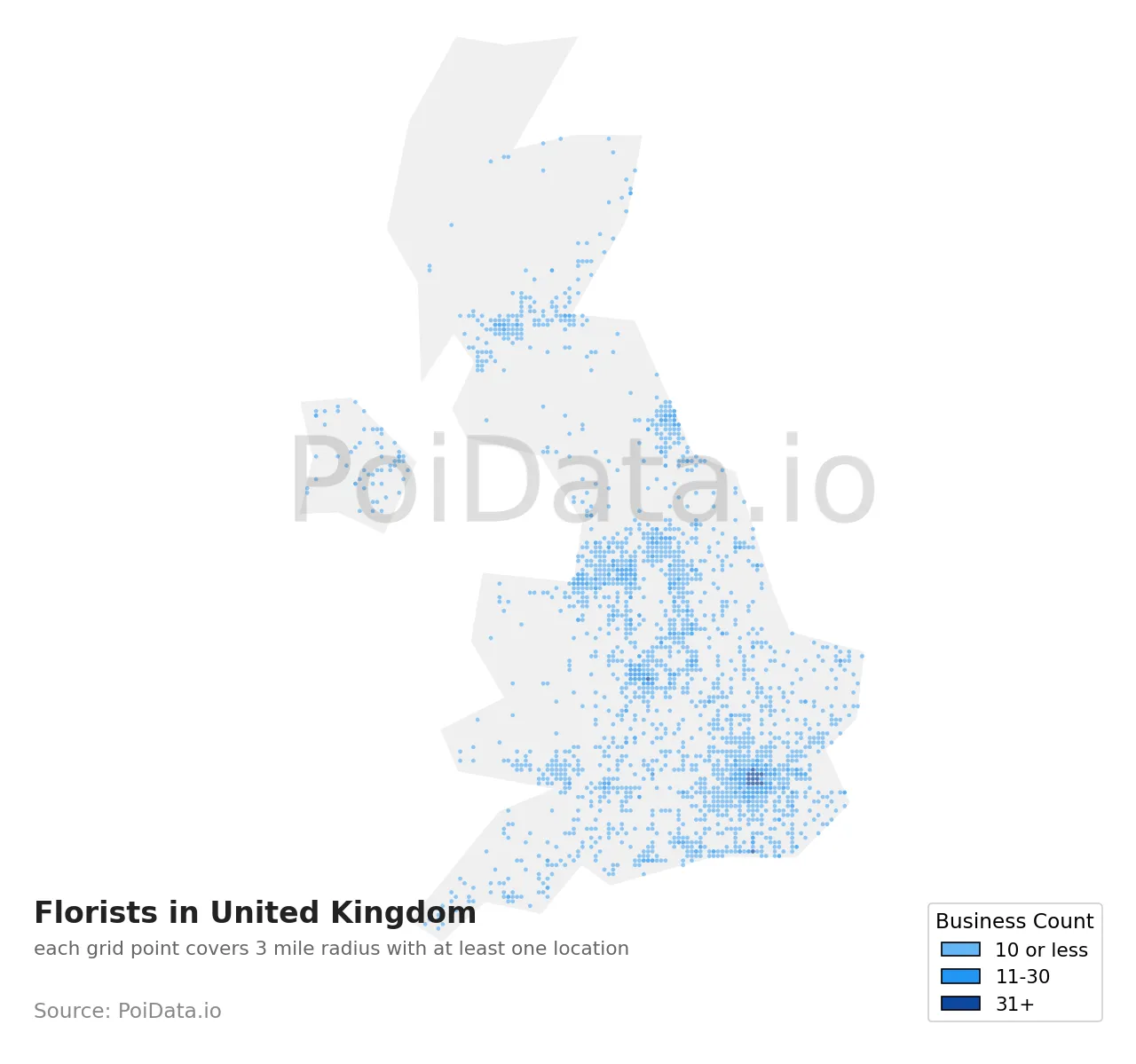 Florist density map for United Kingdom