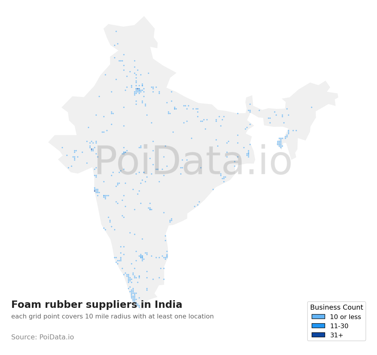 Foam rubber supplier density map for India
