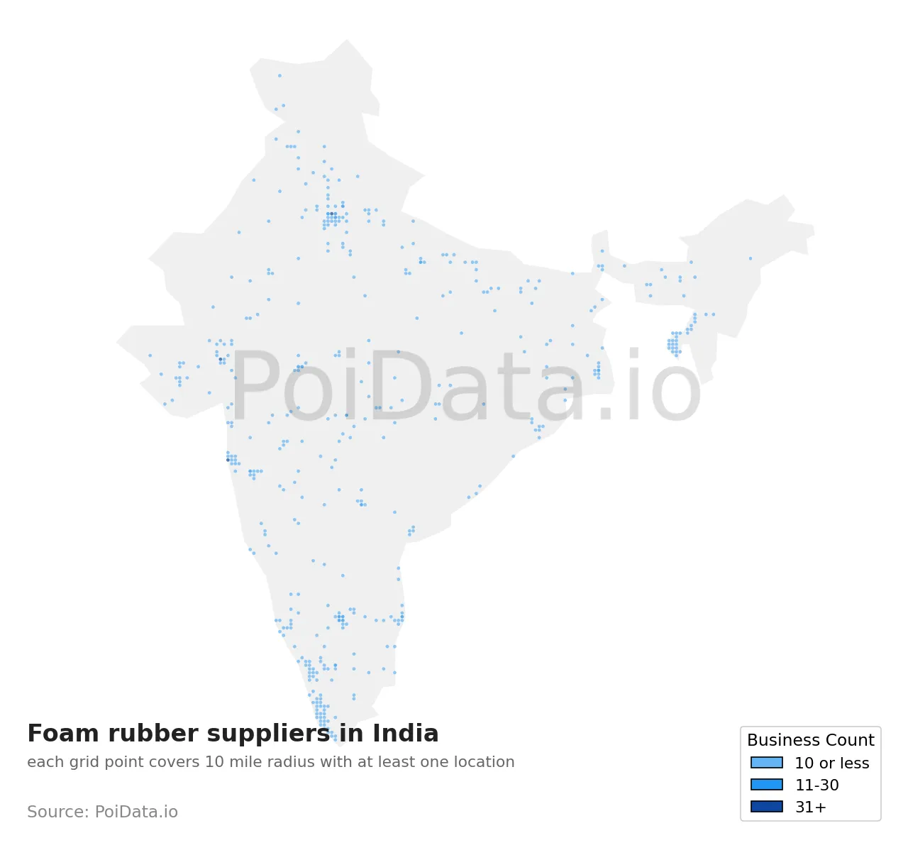 Foam rubber supplier density map for India