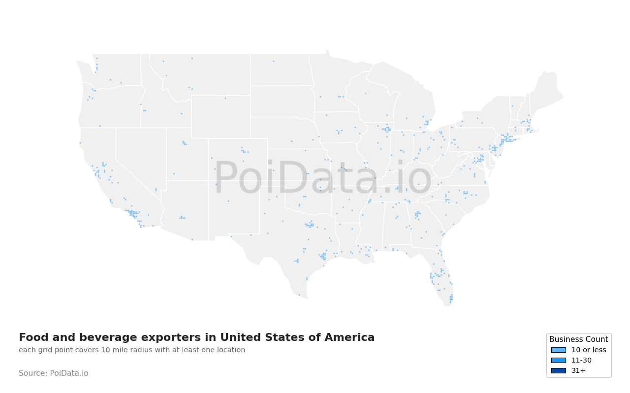 Food and beverage exporter density map for United States