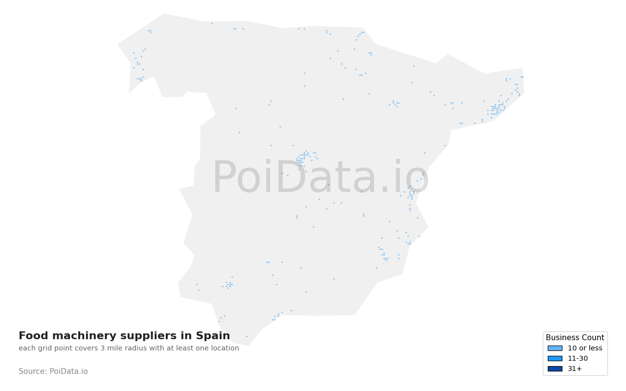 Food machinery supplier density map for Spain