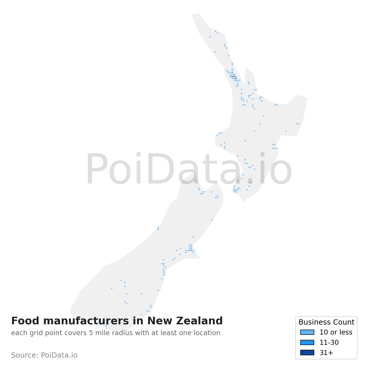 Food manufacturer density map for New Zealand