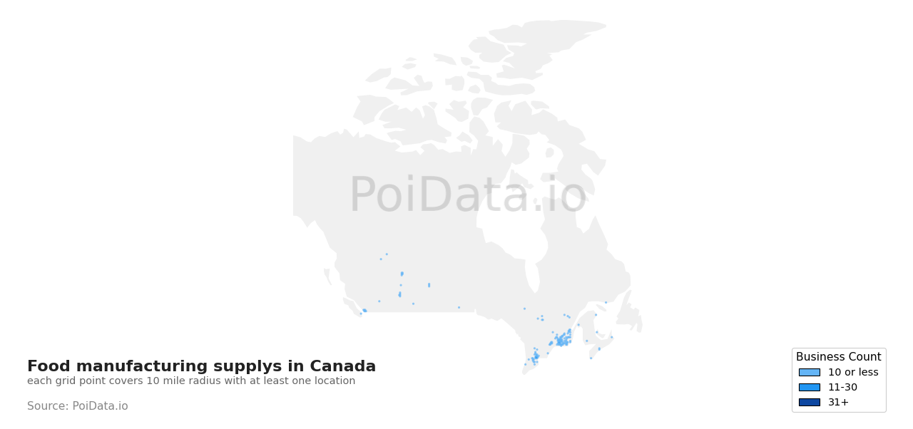 Food manufacturing supply density map for Canada