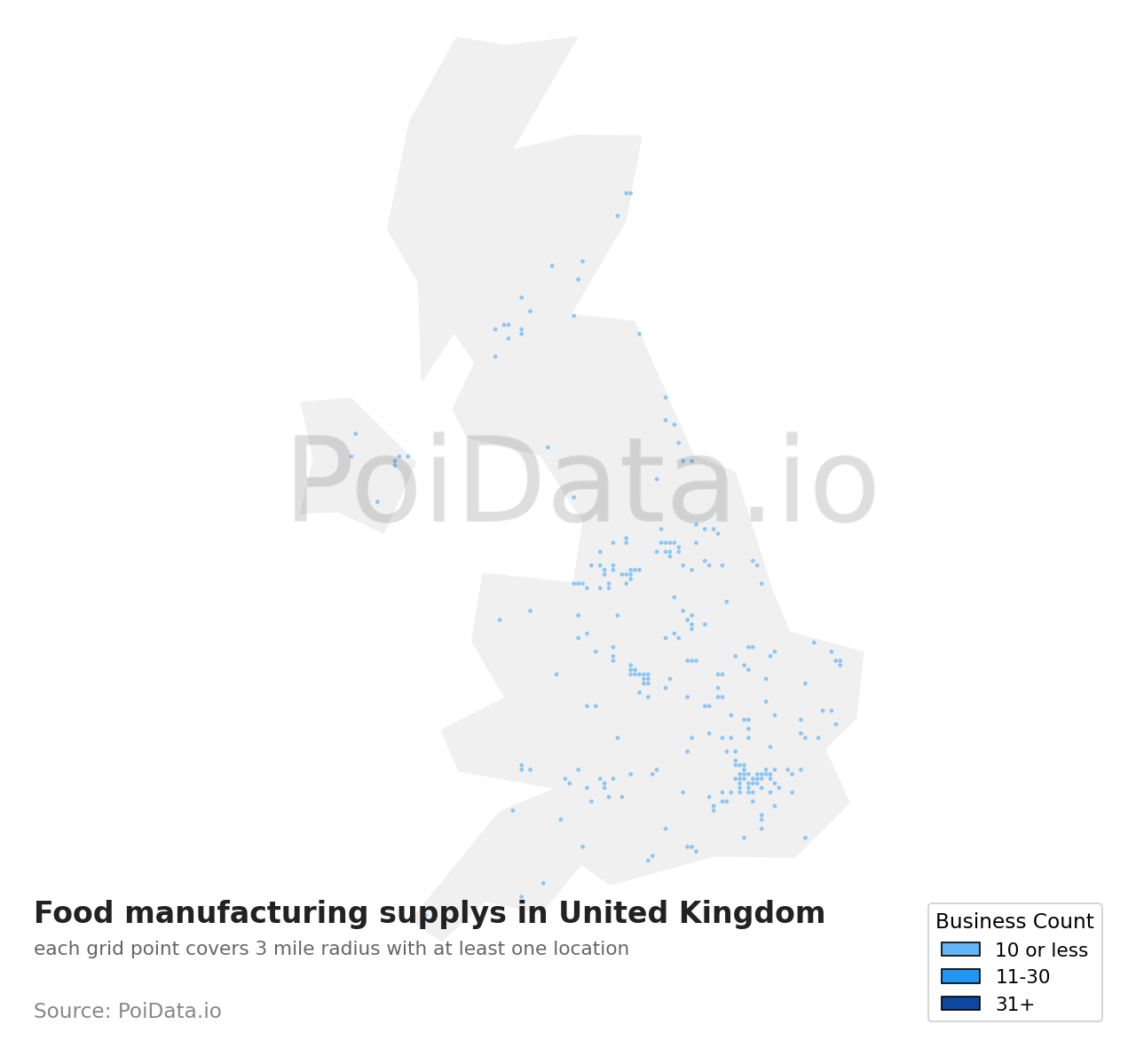 Food manufacturing supply density map for United Kingdom