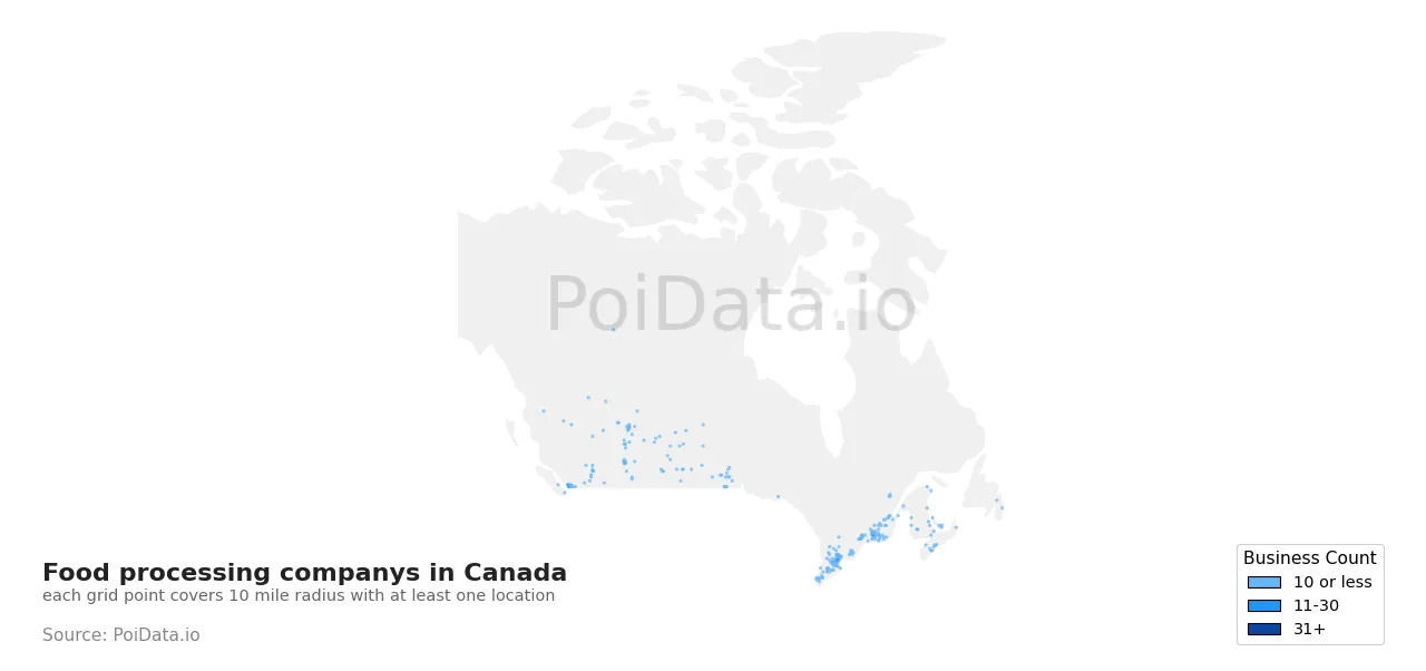 Food processing company density map for Canada