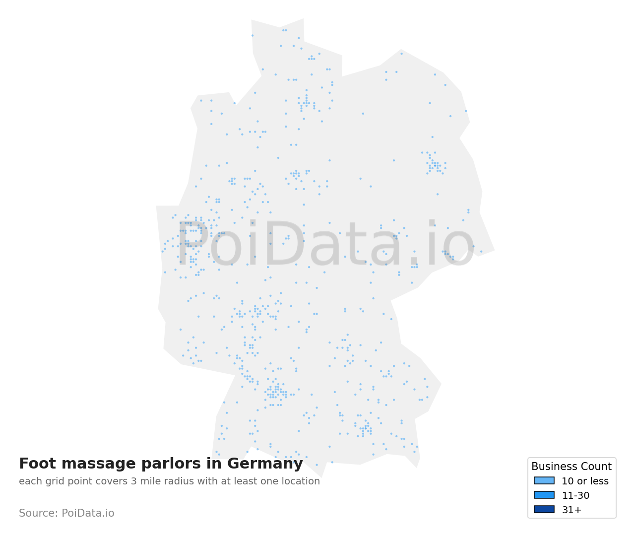 Foot massage parlor density map for Germany