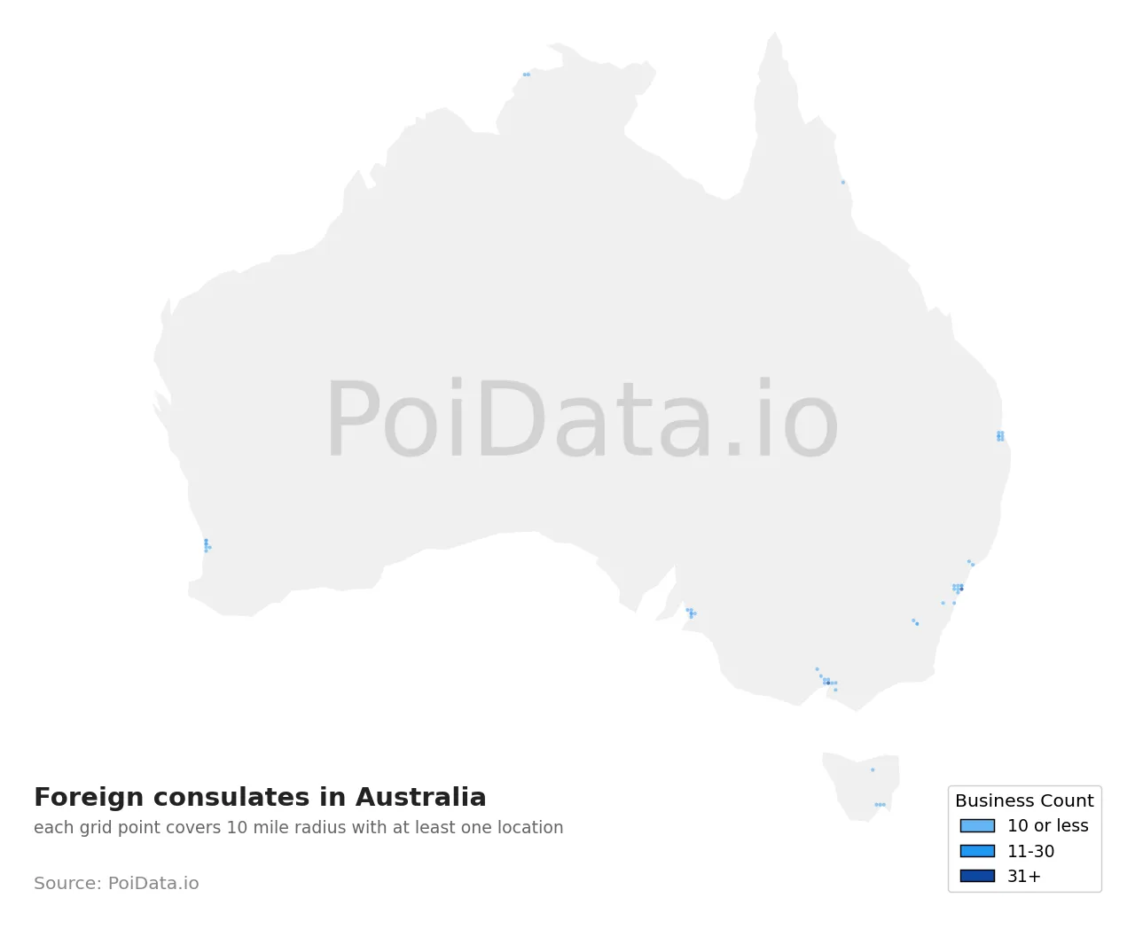 Foreign consulate density map for Australia
