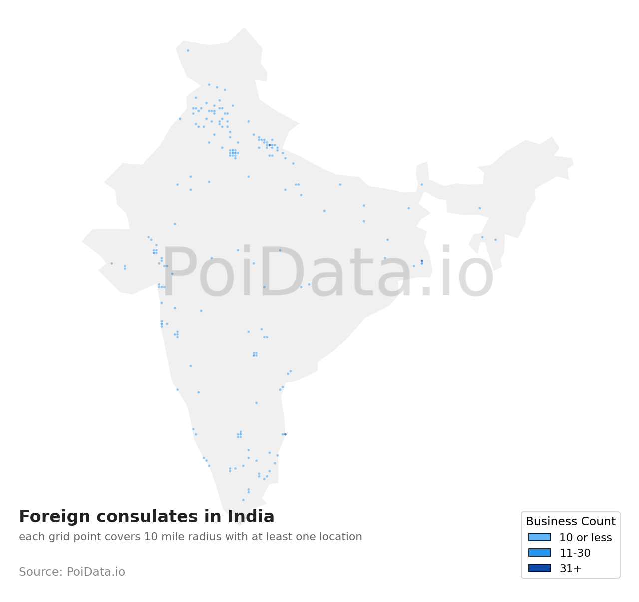 Foreign consulate density map for India