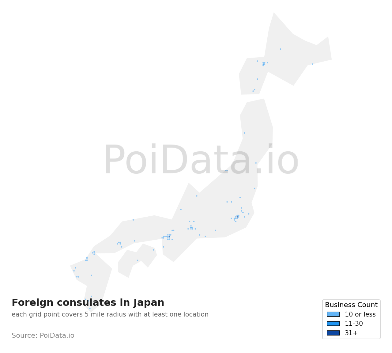 Foreign consulate density map for Osaka, Japan
