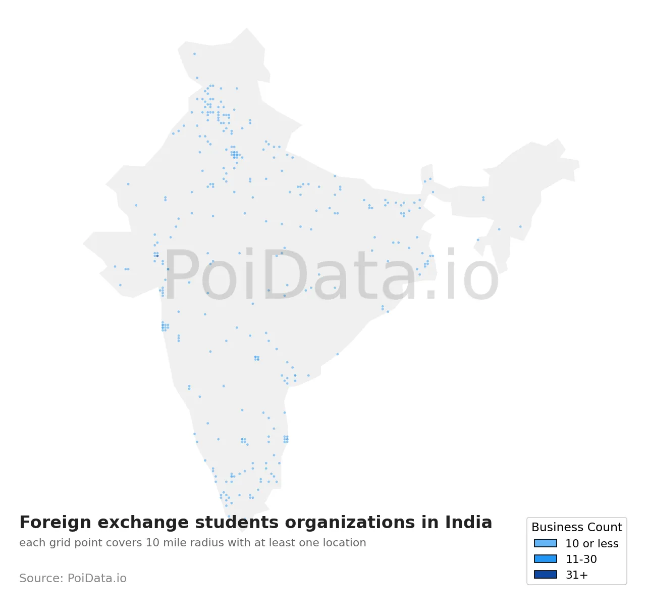 Foreign exchange students organization density map for India