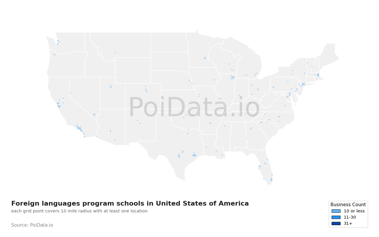 Foreign languages program school density map for New York, United States