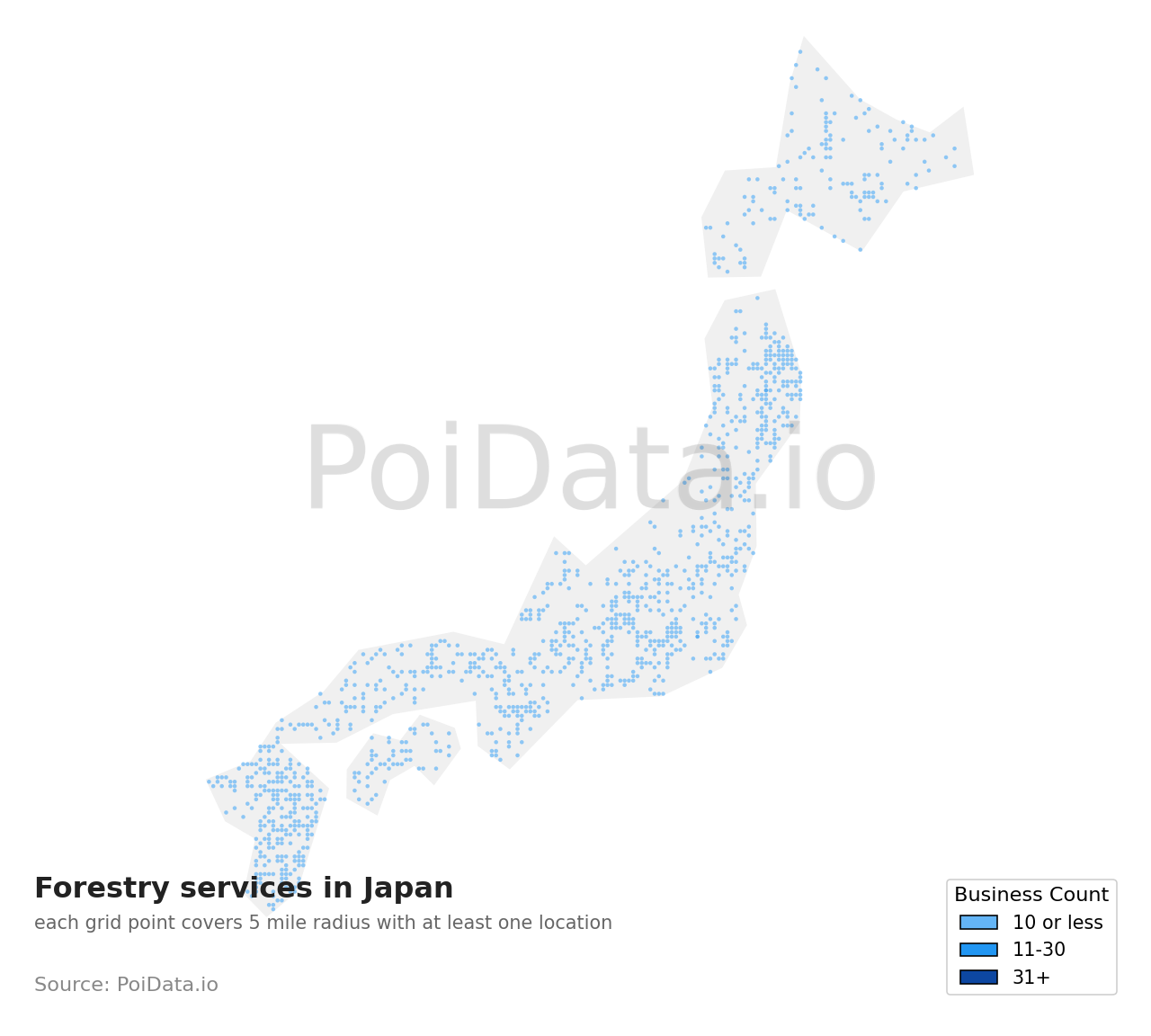 Forestry service density map for Ibaraki, Japan