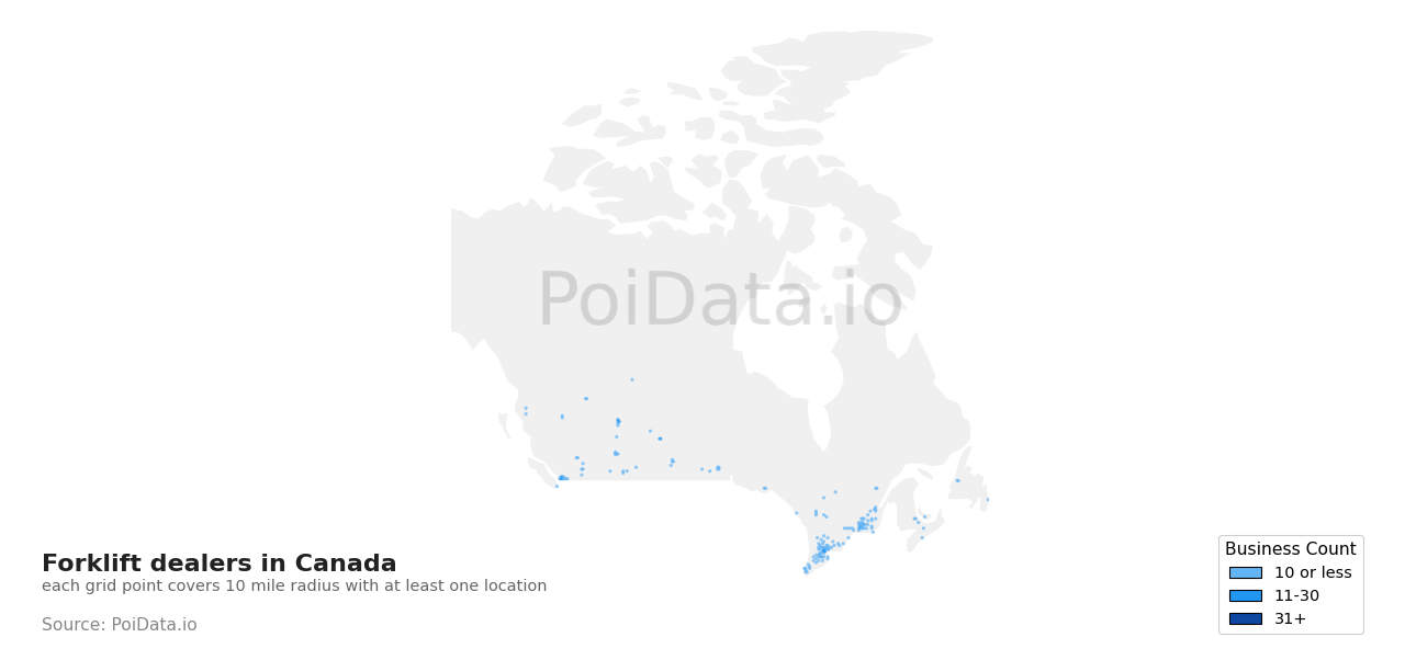 Forklift dealer density map for Canada