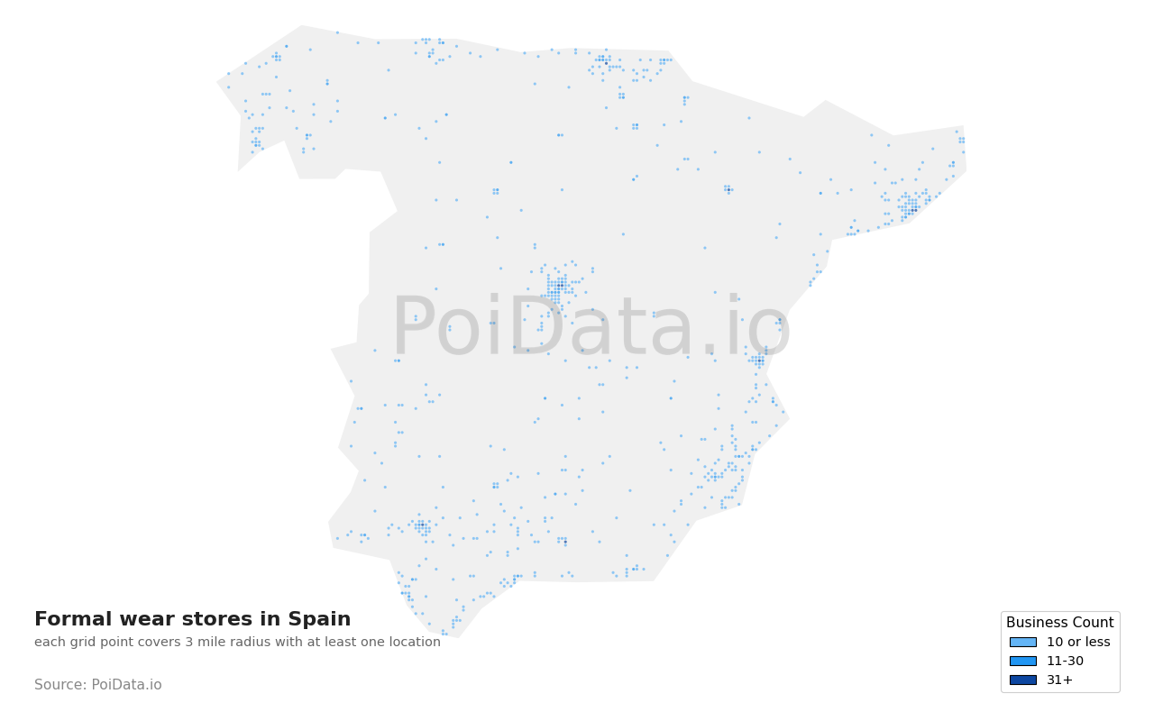 Formal wear store density map for Spain