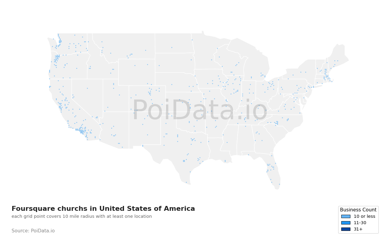 Foursquare church density map for California, United States