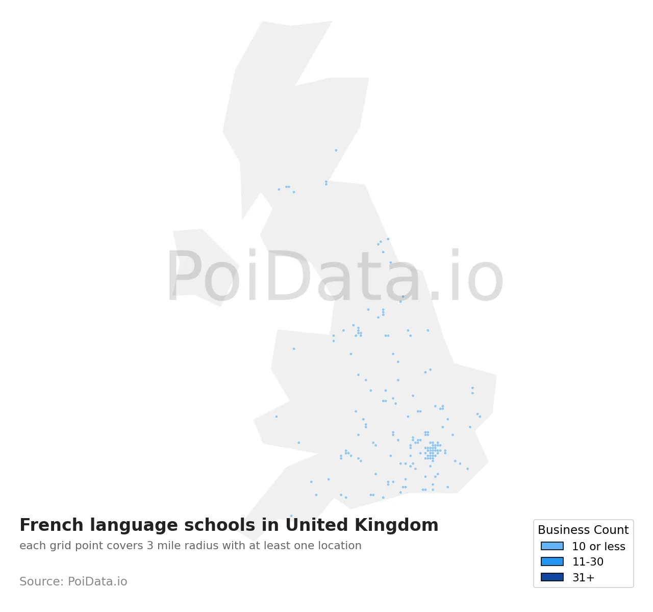 French language school density map for United Kingdom