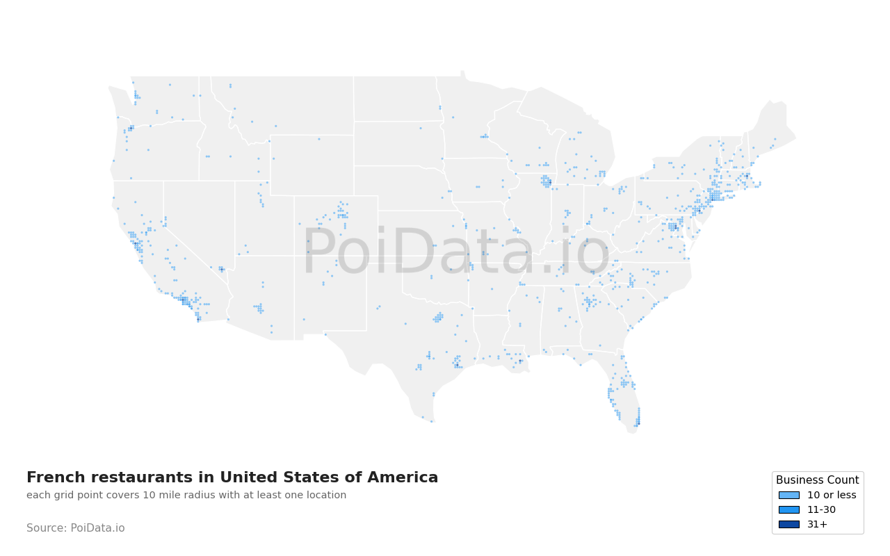 French restaurant density map for United States
