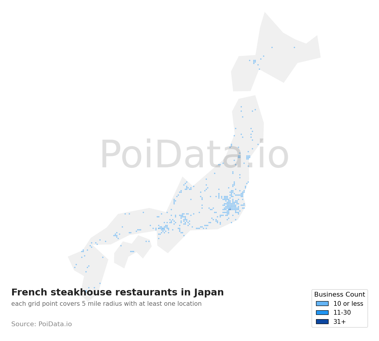 French steakhouse restaurant density map for Hyogo, Japan