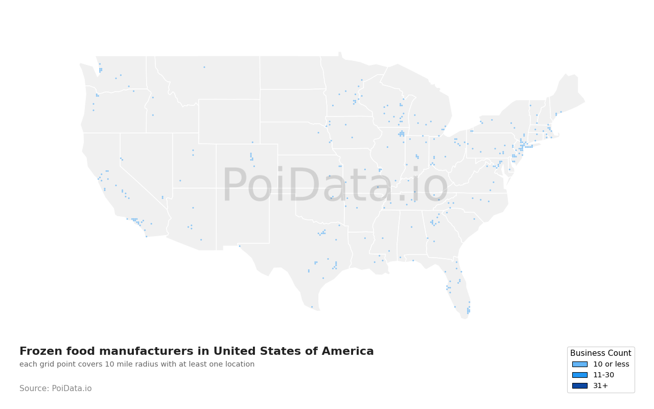 Frozen food manufacturer density map for New Jersey, United States