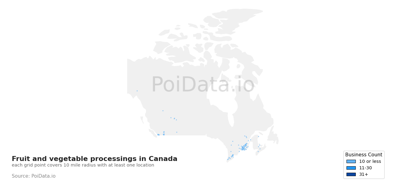 Fruit and vegetable processing density map for Canada