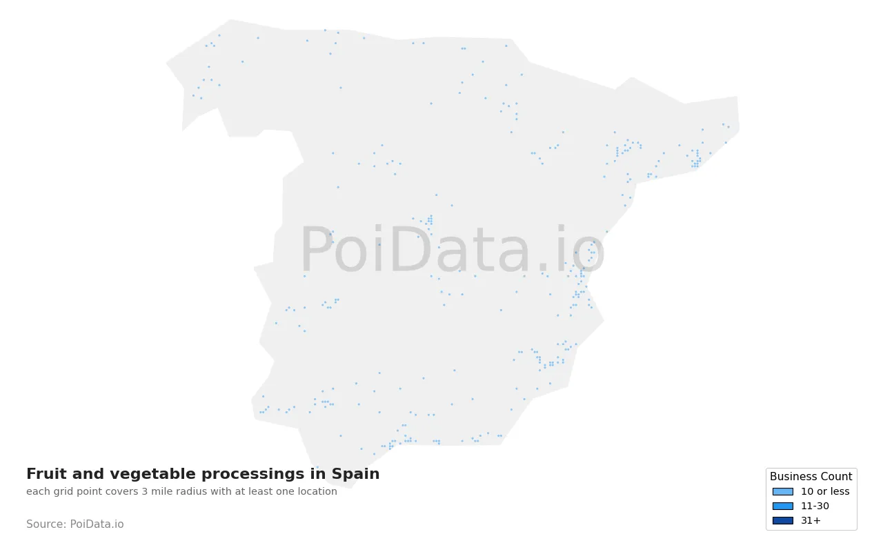Fruit and vegetable processing density map for Spain