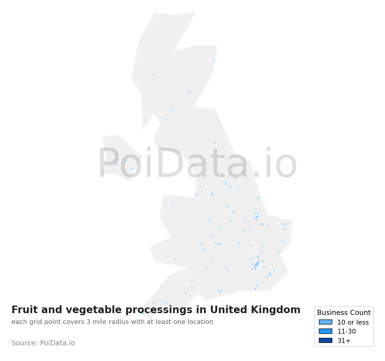 Fruit and vegetable processing density map for United Kingdom