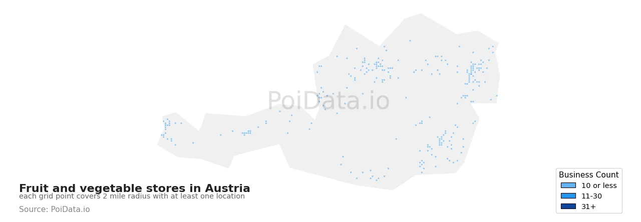 Fruit and vegetable store density map for Austria