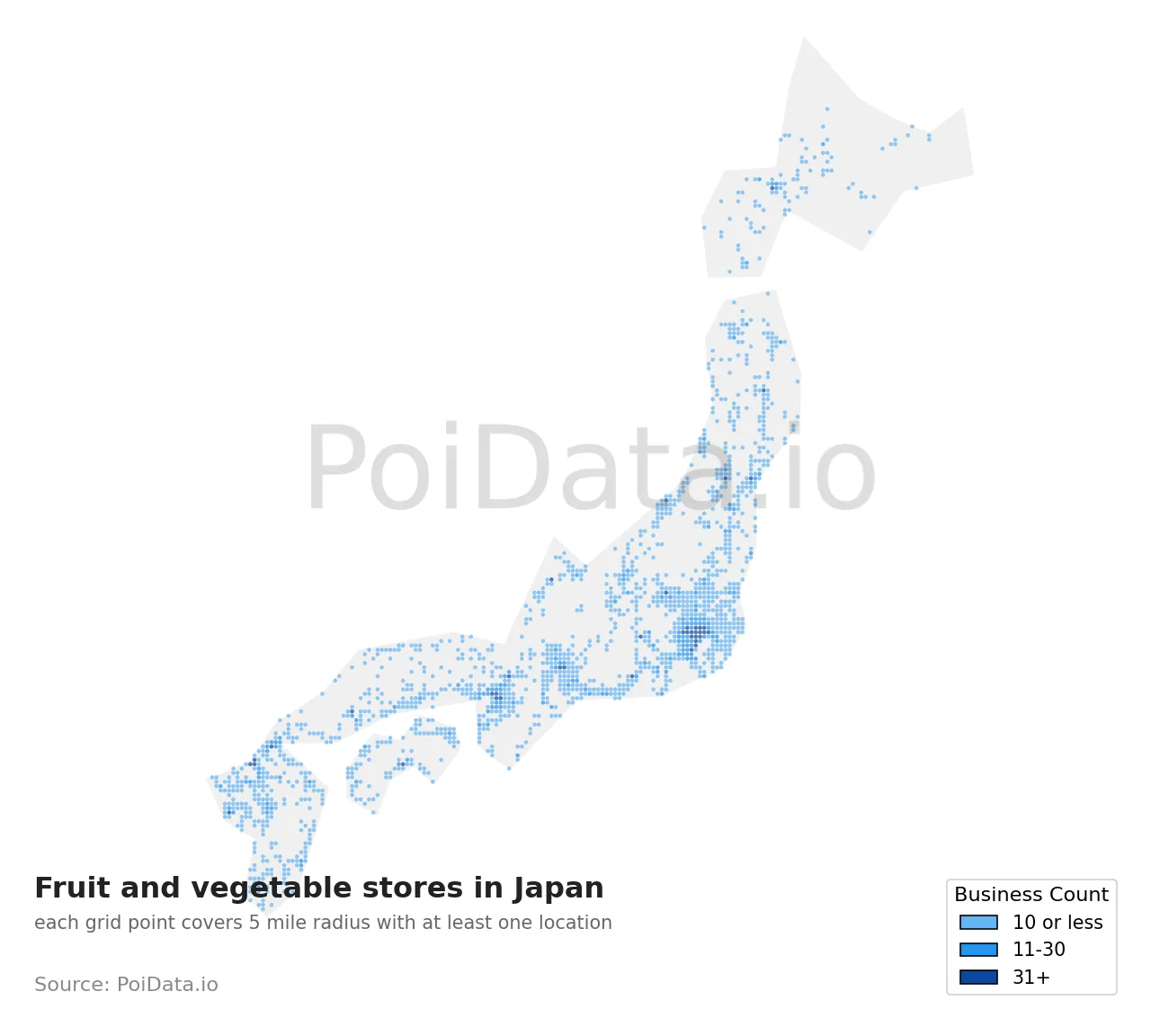 Fruit and vegetable store density map for Japan