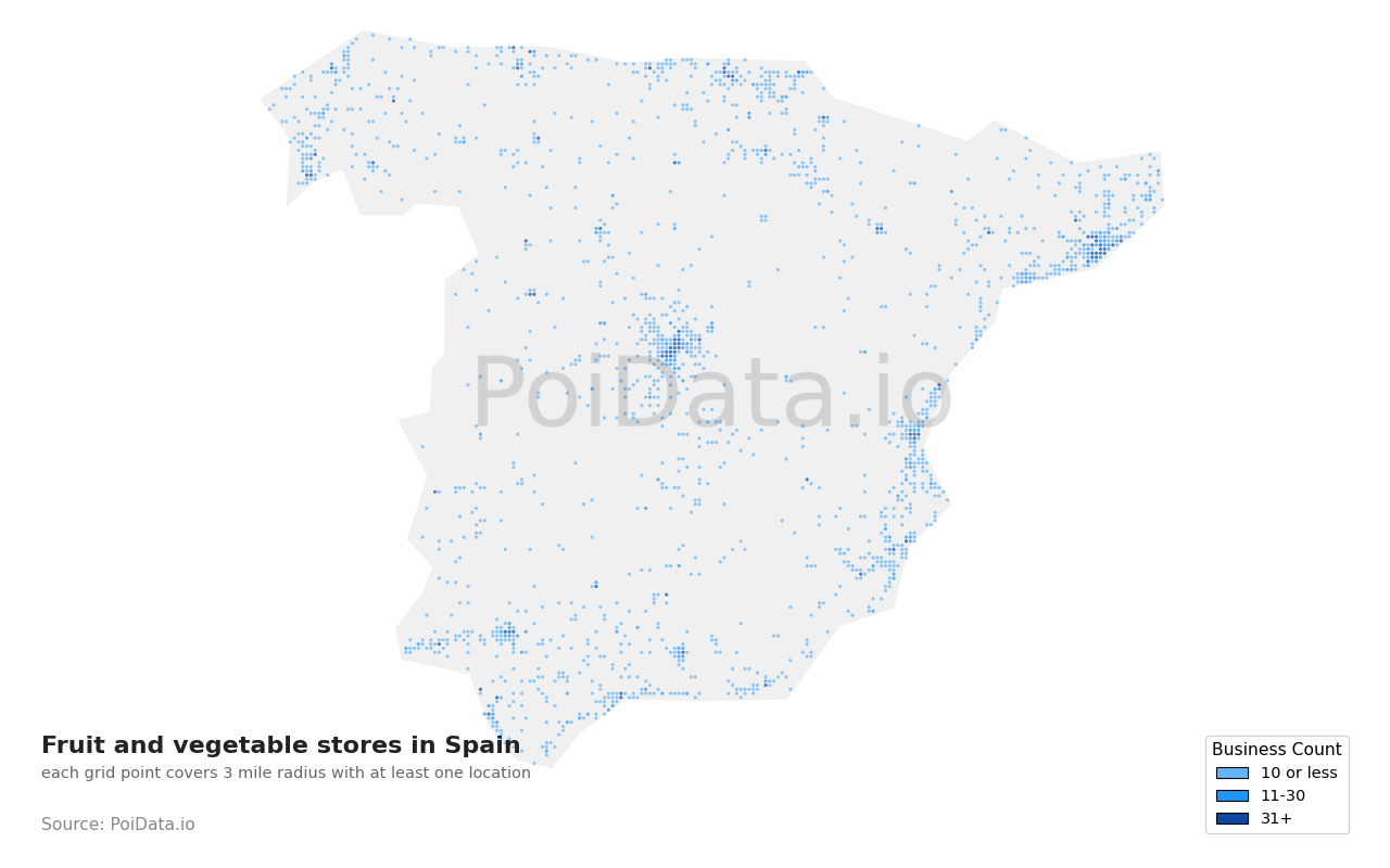 Fruit and vegetable store density map for Spain