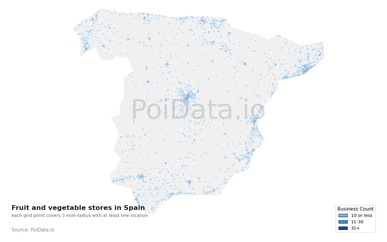 Fruit and vegetable store density map for Spain