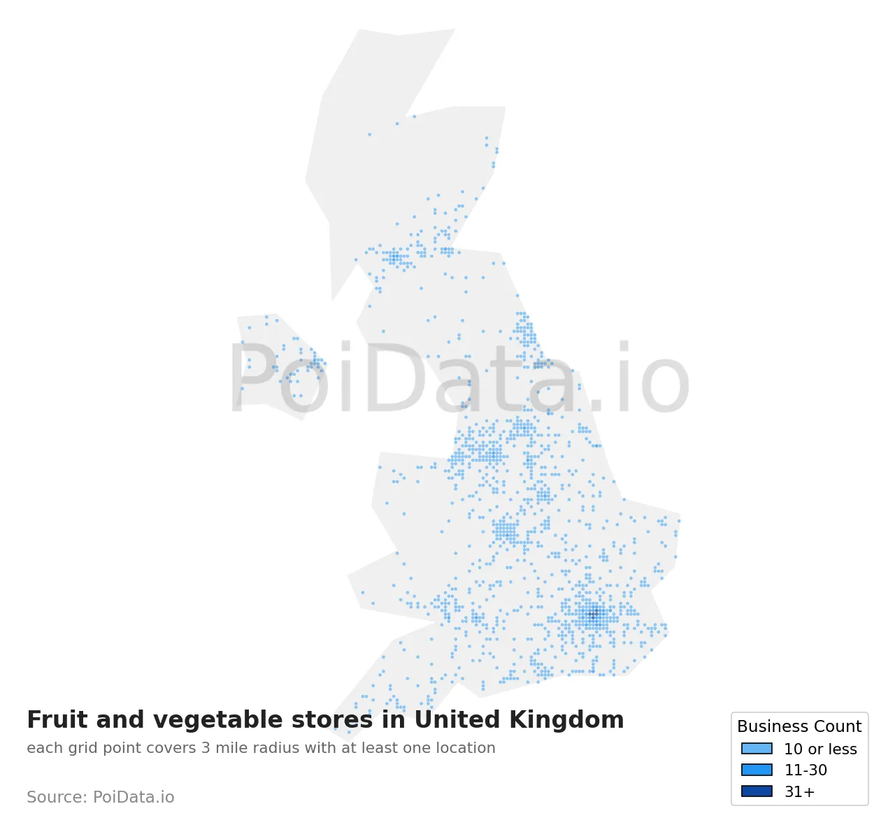 Fruit and vegetable store density map for United Kingdom