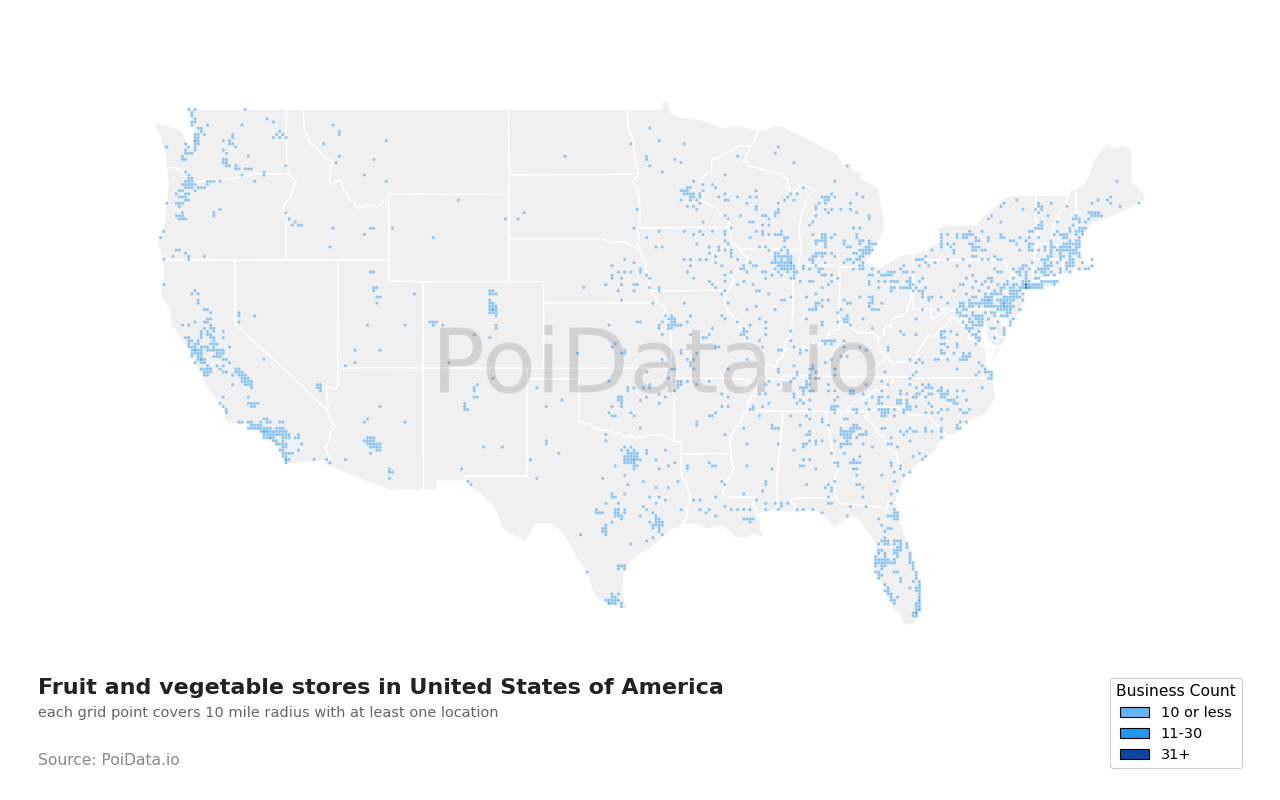Fruit and vegetable store density map for Texas, United States