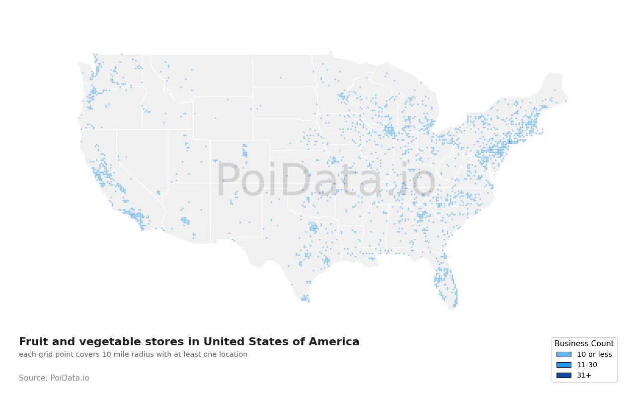 Fruit and vegetable store density map for United States
