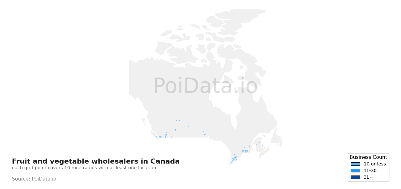 Fruit and vegetable wholesaler density map for Canada
