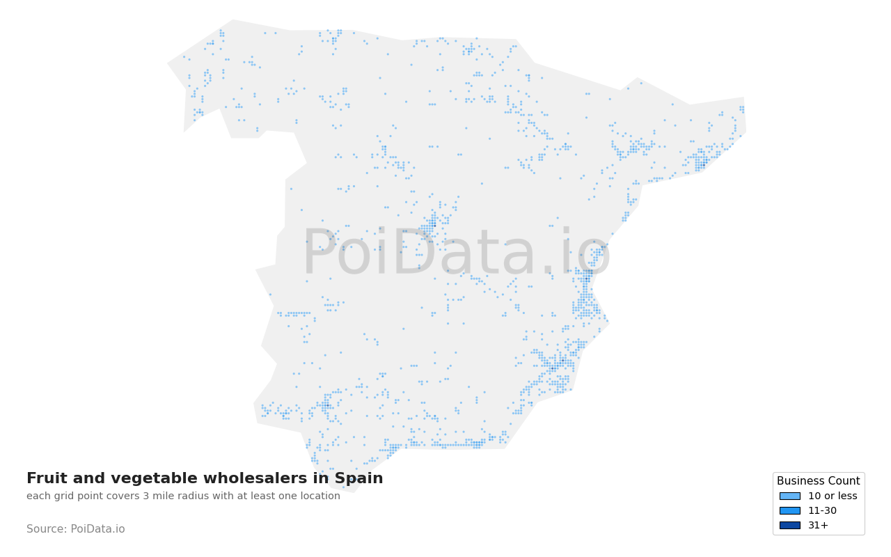 Fruit and vegetable wholesaler density map for Spain