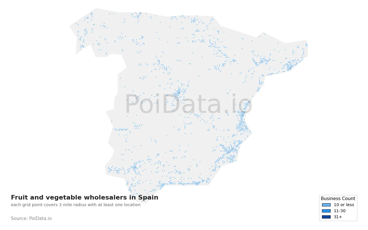 Fruit and vegetable wholesaler density map for Spain