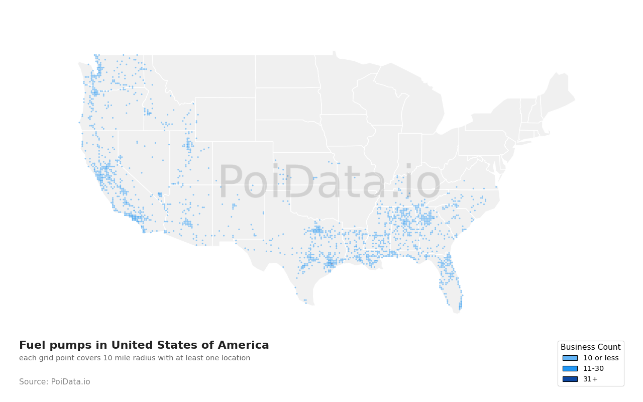 Fuel pump density map for Texas, United States