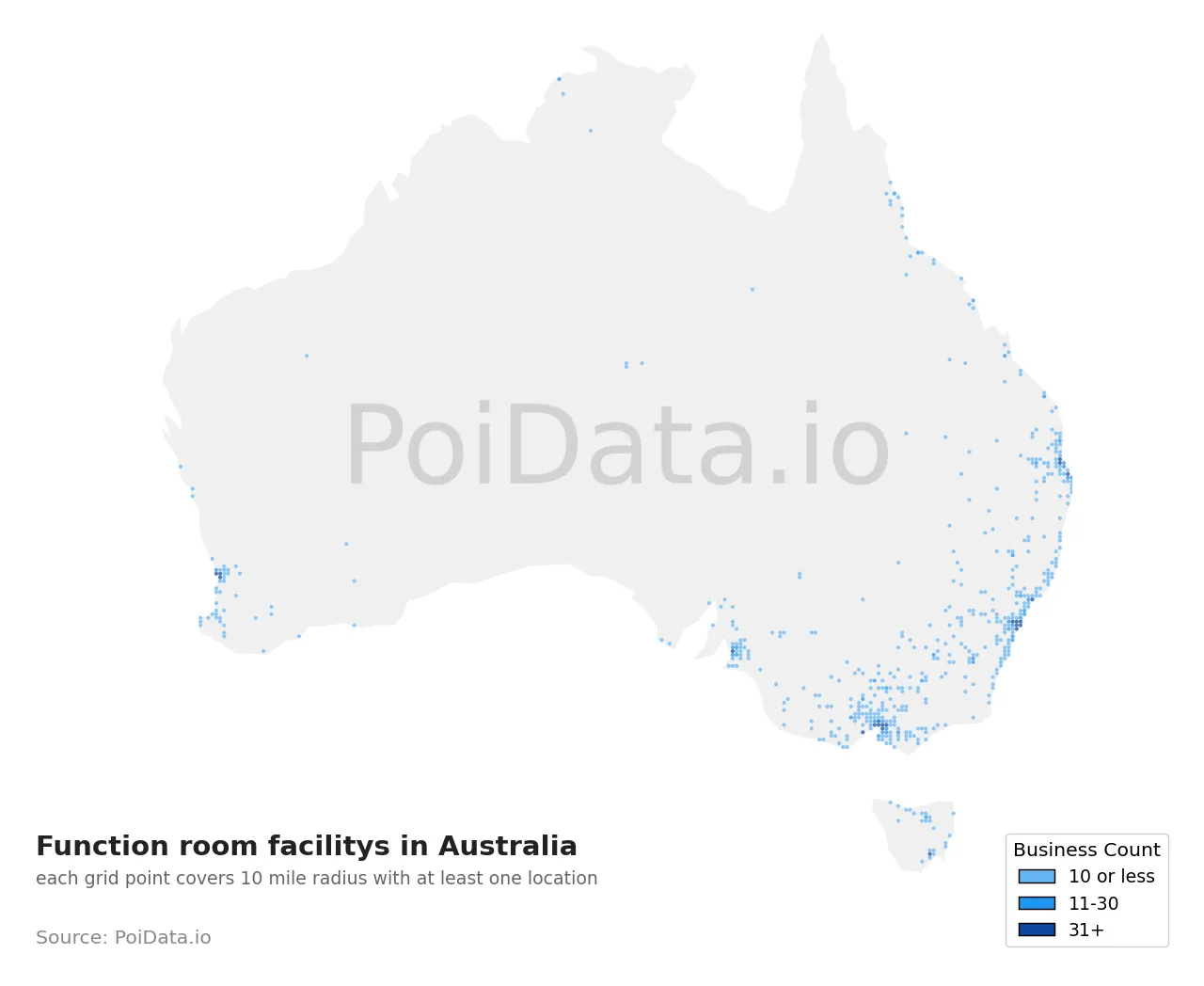 Function room facility density map for Australia