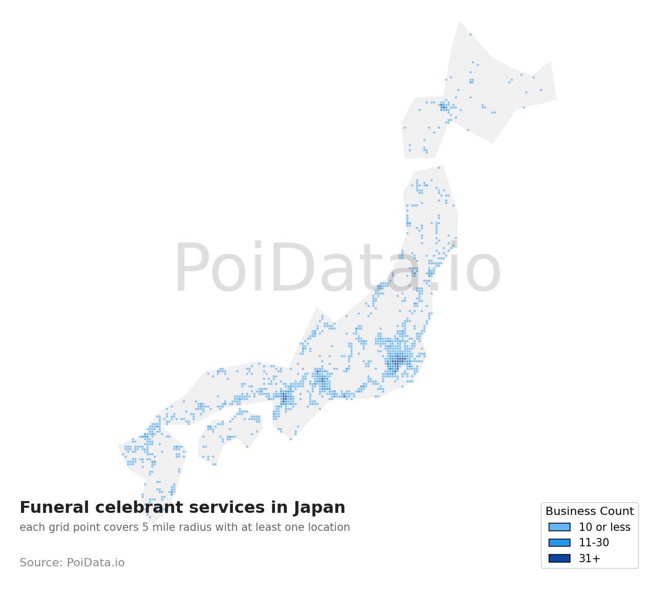 Funeral celebrant service density map for Japan