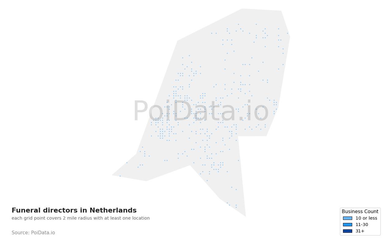 Funeral director density map for Netherlands