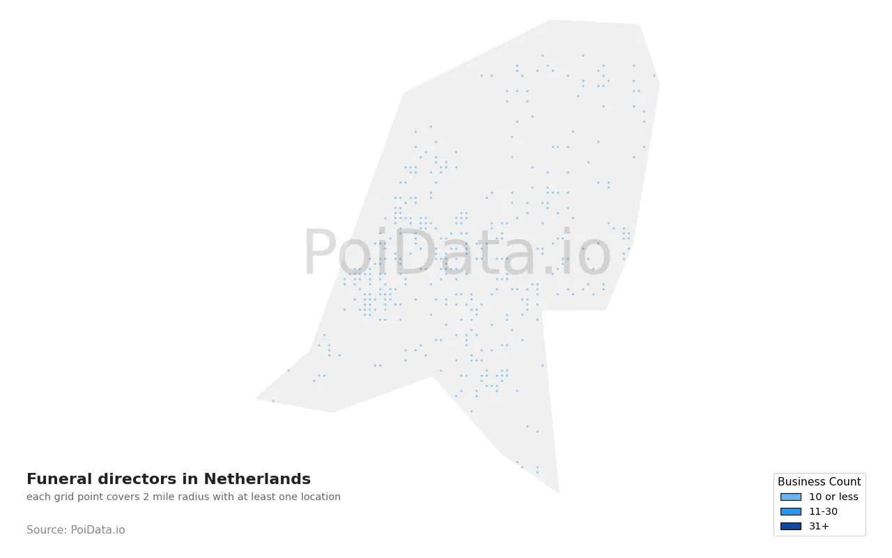 Funeral director density map for Netherlands